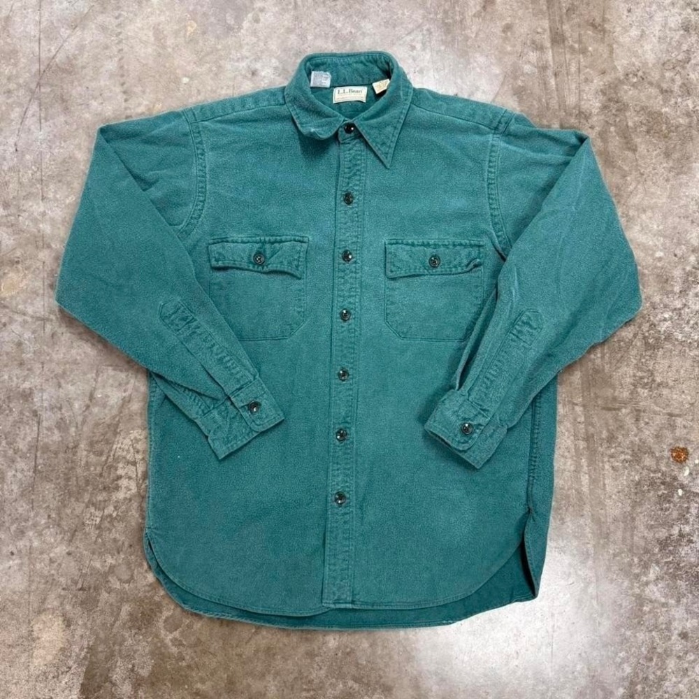 Vintage L.L. Bean Green Chamois Cloth Long Sleeve Button Up Shirt Size L